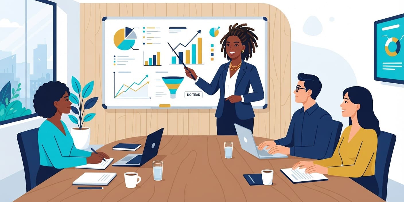 Illustration of a consultant leading a team presentation at a whiteboard